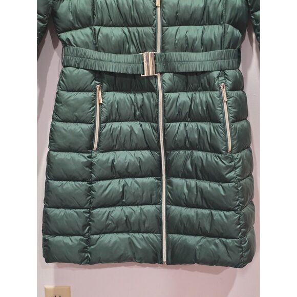 Michael Kors Green Longline Belted Puffer Coat Removable Faux Fur Collar Size M - Picture 7 of 16